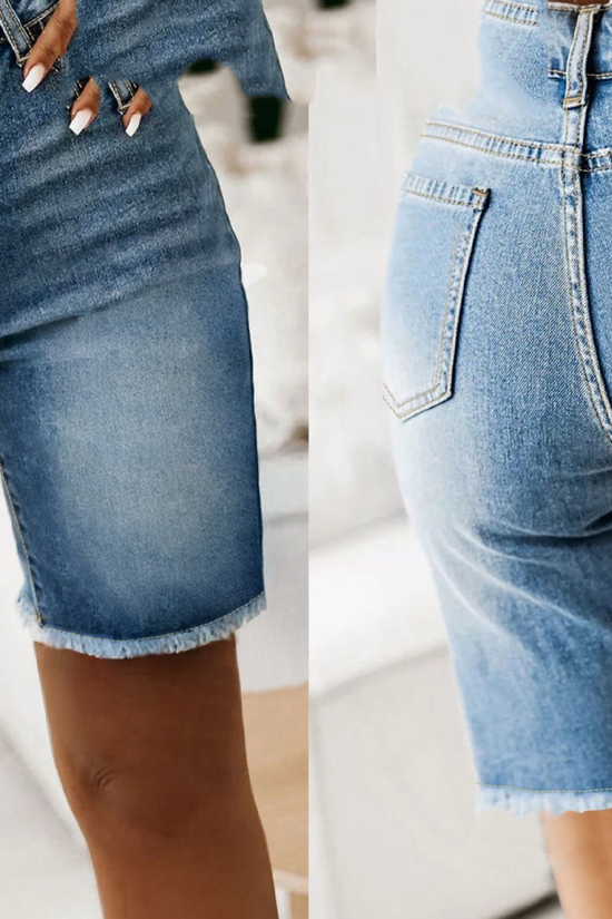 Cotton Denim Shorts Summer Mid-Length Frayed Hem Distressed Hot Pants 