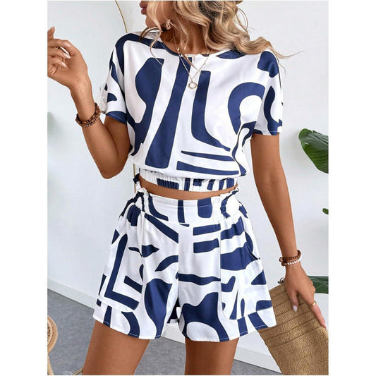 Printed Casual Set Loose Round Neck Short Sleeve Shorts Two-Piece Set 