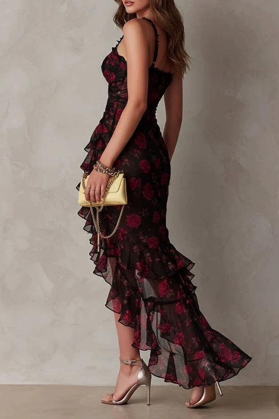 Style Floral Print Strap Irregular Ruffle Hem A-Line Dress 