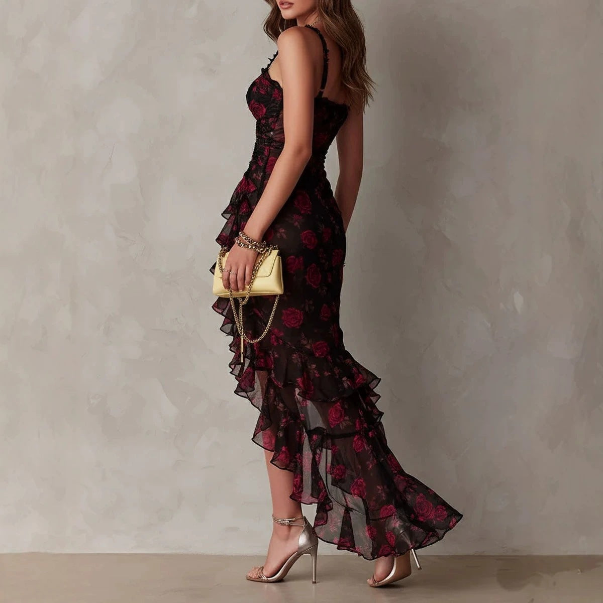 Style Floral Print Strap Irregular Ruffle Hem A-Line Dress 
