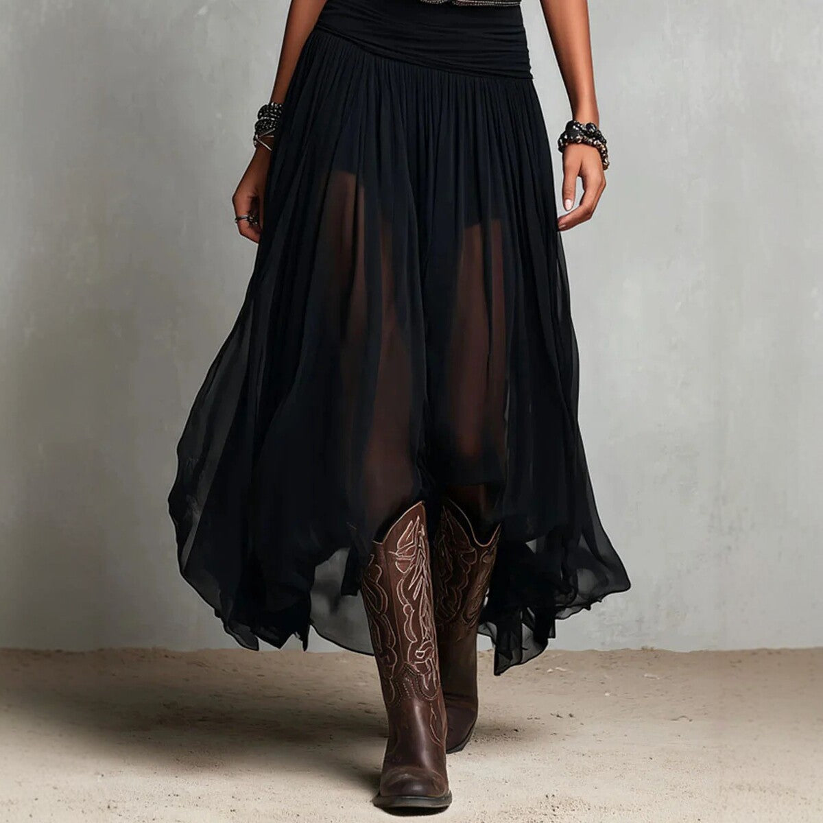Summer New Black Strap Long Dress for Women, Mesh Dress with Belt 