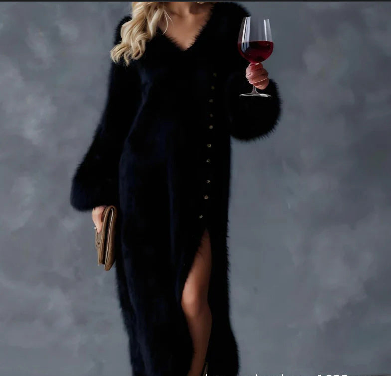 V-neck loose button slit dress 