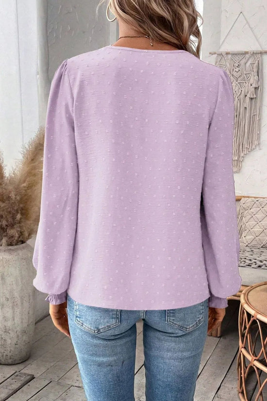 Swiss Dot Lace Detail Notched Long Sleeve Blouse 