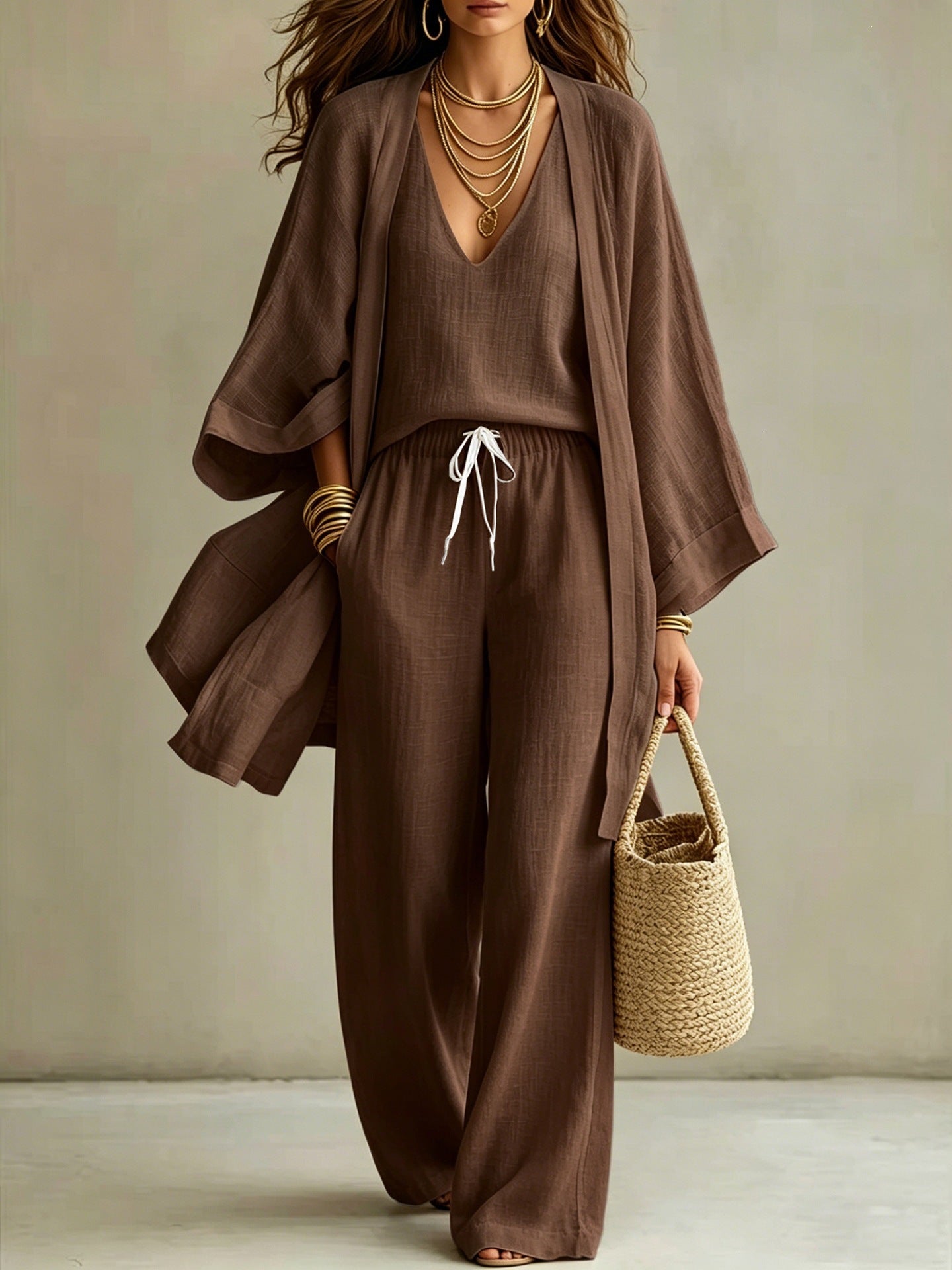 Loose cardigan sleeveless vest long pants three piece set for women