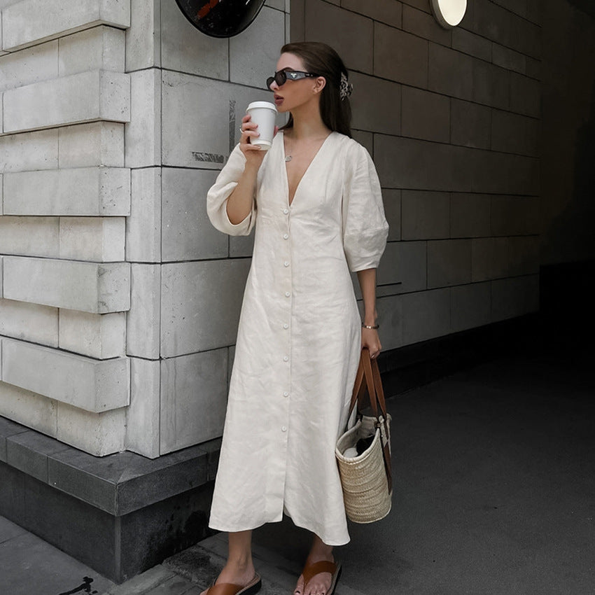 V-neck bubble sleeve loose mid length dress 