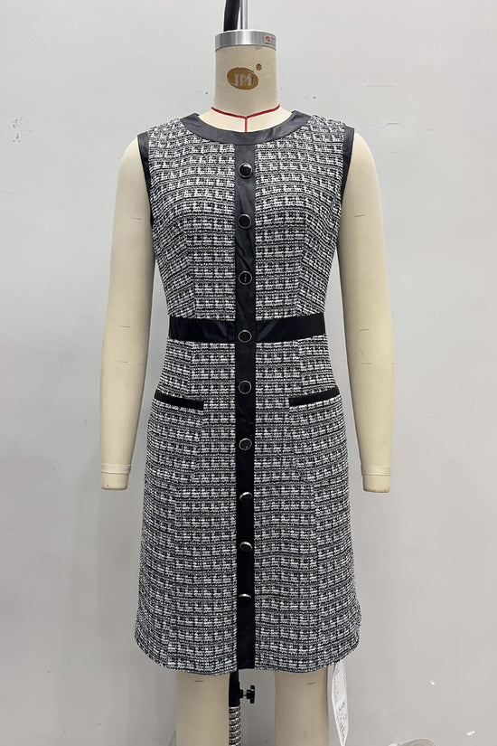 Vintage leather trimmed tweed vest A-line skirt dress 