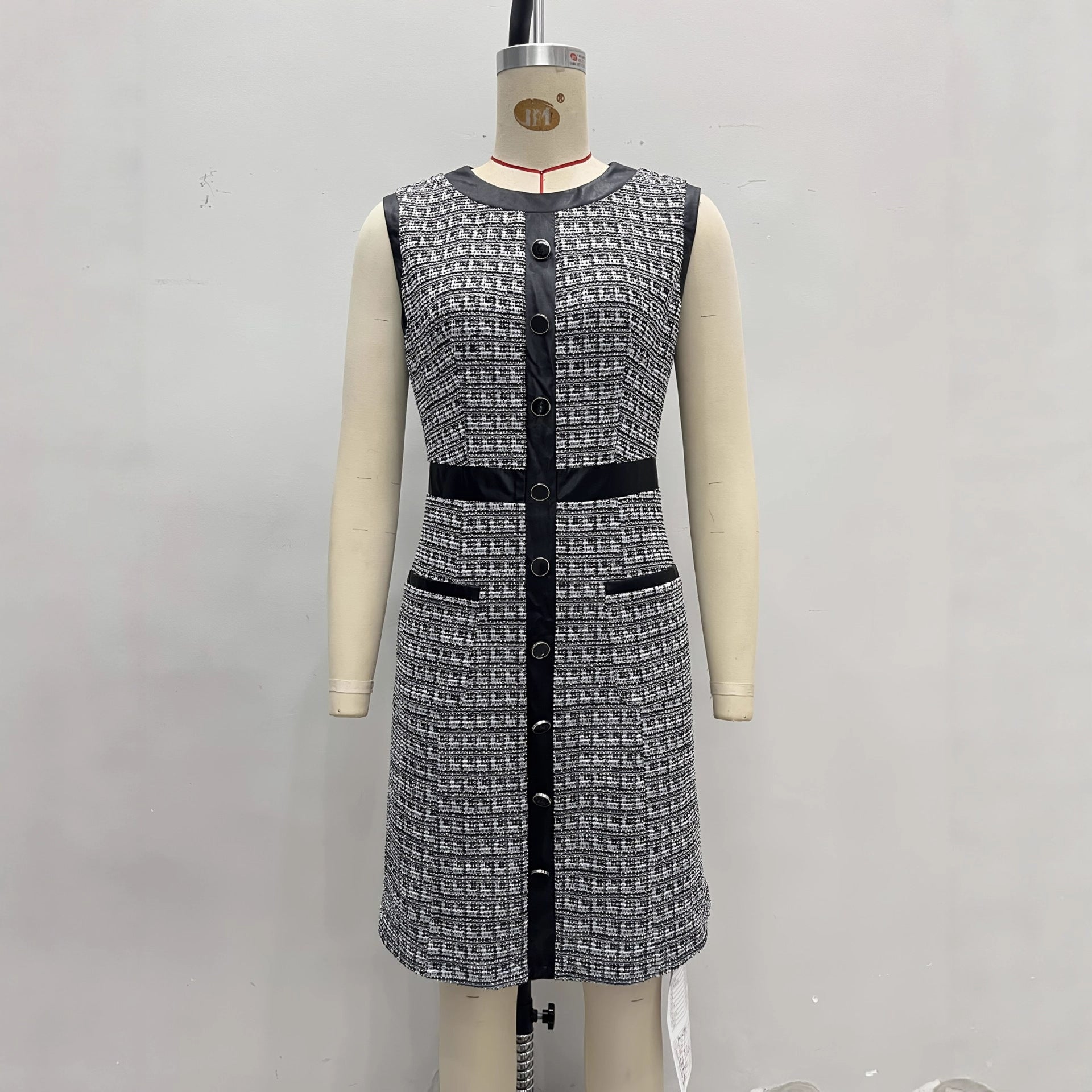 Vintage leather trimmed tweed vest A-line skirt dress 