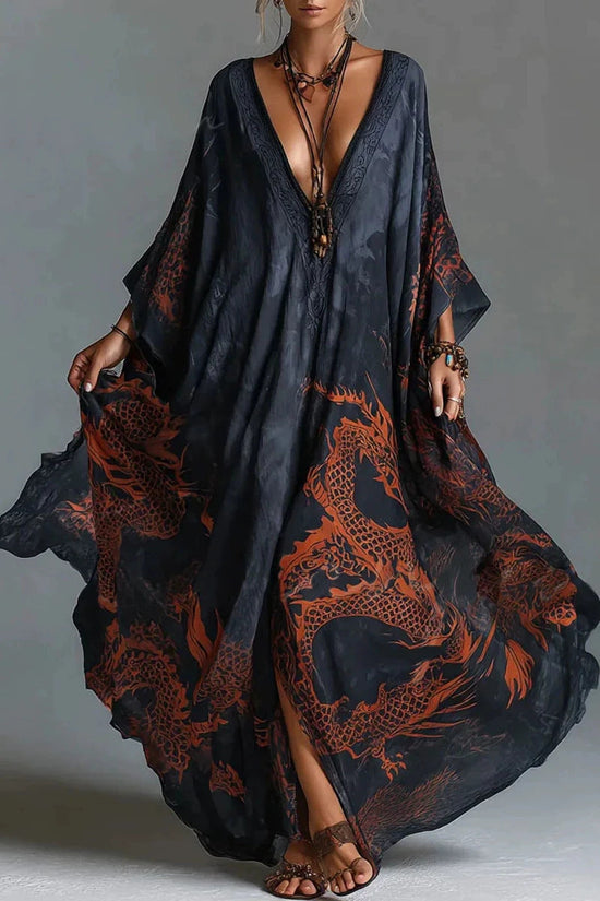 Dragon print beach vacation long dress outerwear 