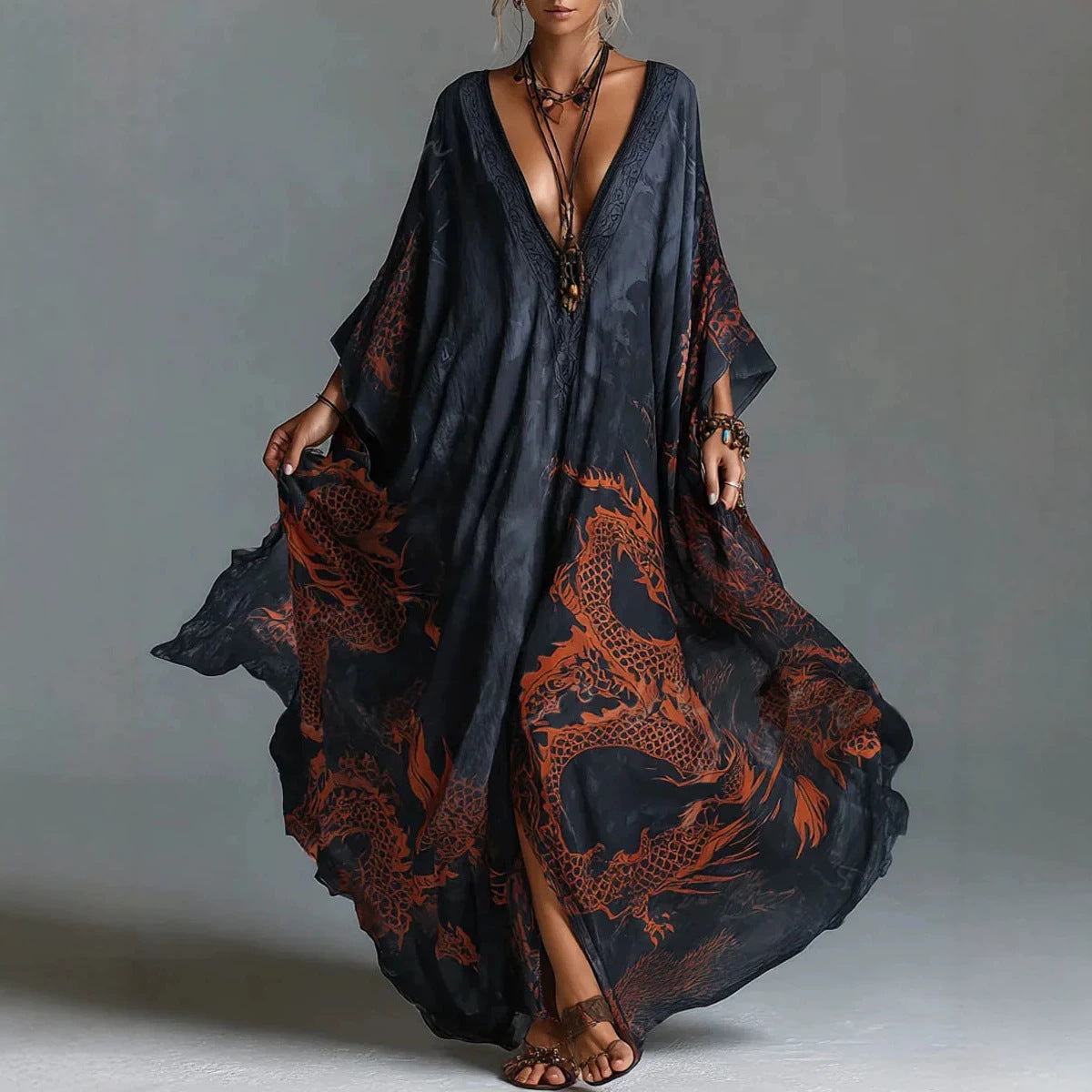 Dragon print beach vacation long dress outerwear 