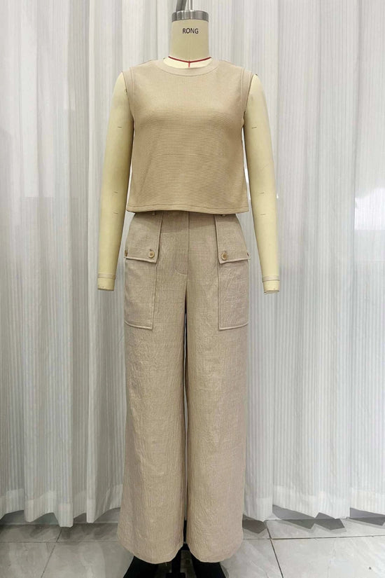 Khaki linen casual two-piece short knitted vest pocket wide leg pants set 