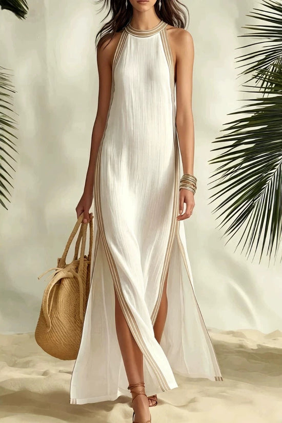 Style Stripe Split Sleeveless Vacation Casual Dress 