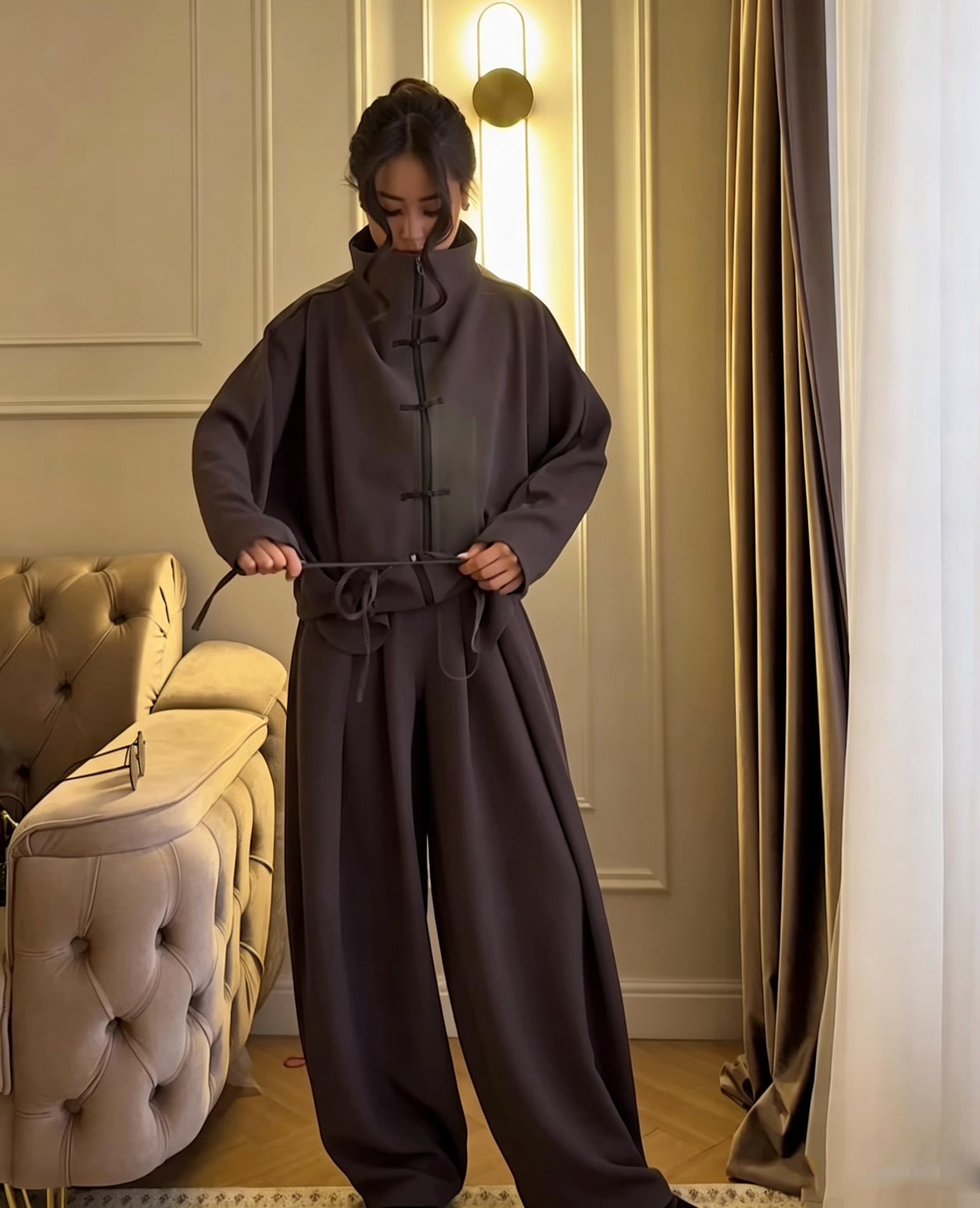 Long sleeved cardigan and long pants set for women 