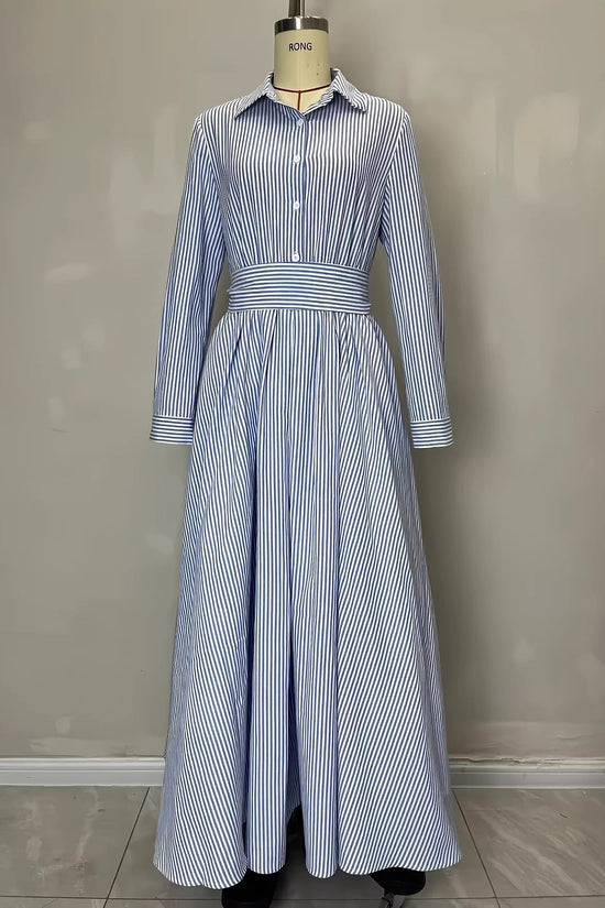Striped long sleeved pocket cardigan tied shirt dress 