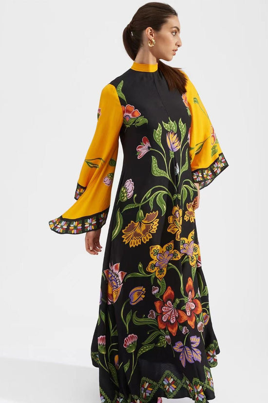 New European and American Summer Printed Seven Sleeve Stand up Collar Dress 