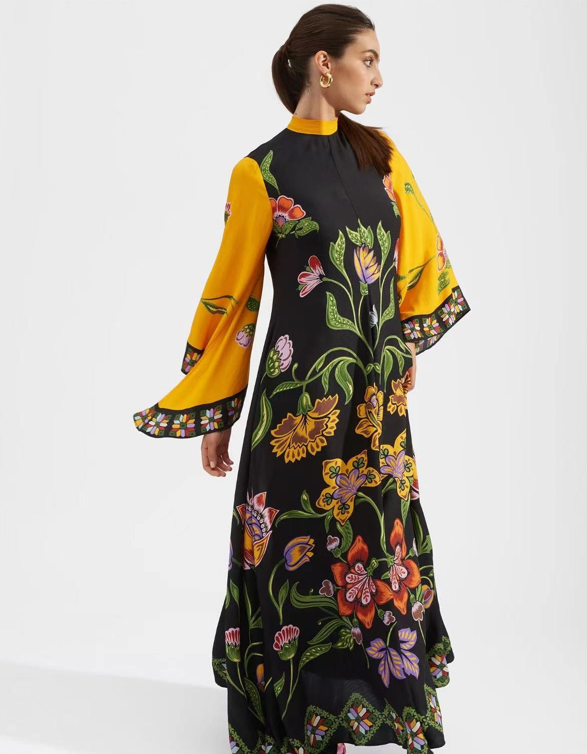 New European and American Summer Printed Seven Sleeve Stand up Collar Dress 