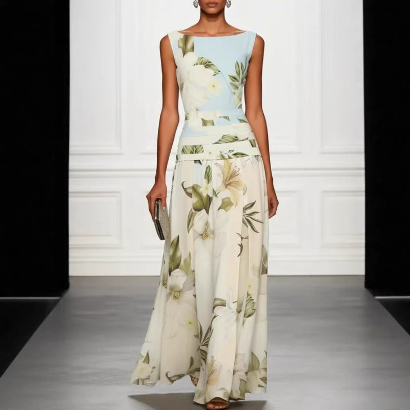 V-neck floral print women's dress sleeveless backless waist cinching long skirt 