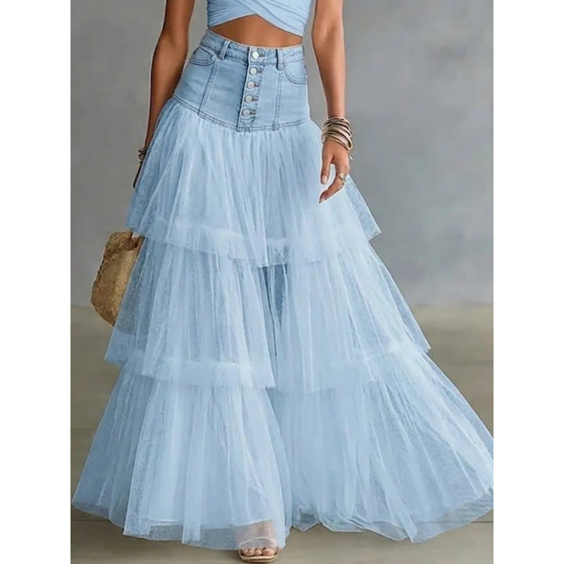 Cowboy patchwork mesh large swing skirt 