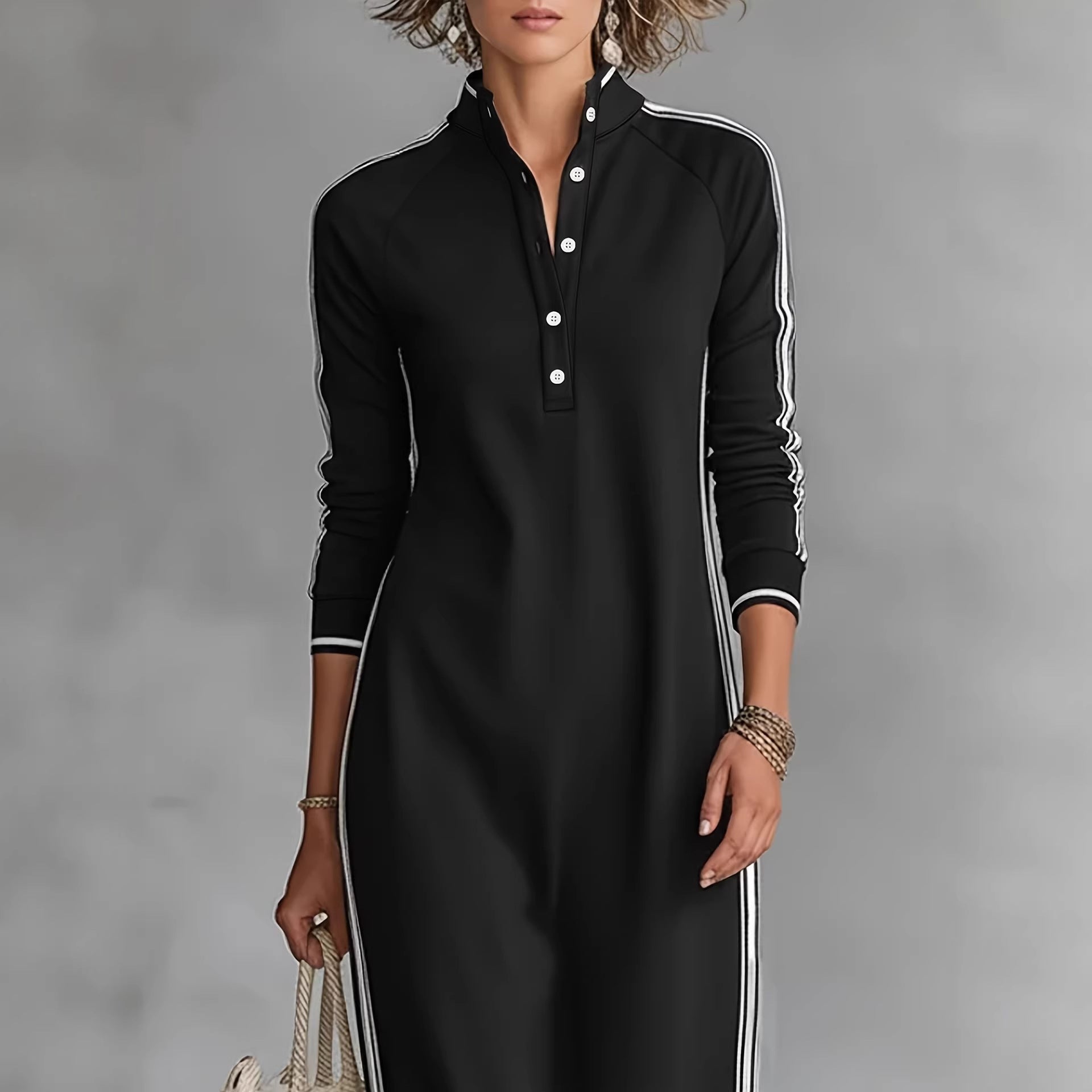 Long skirt women's simple white rolled edge button neck hoodie dress 