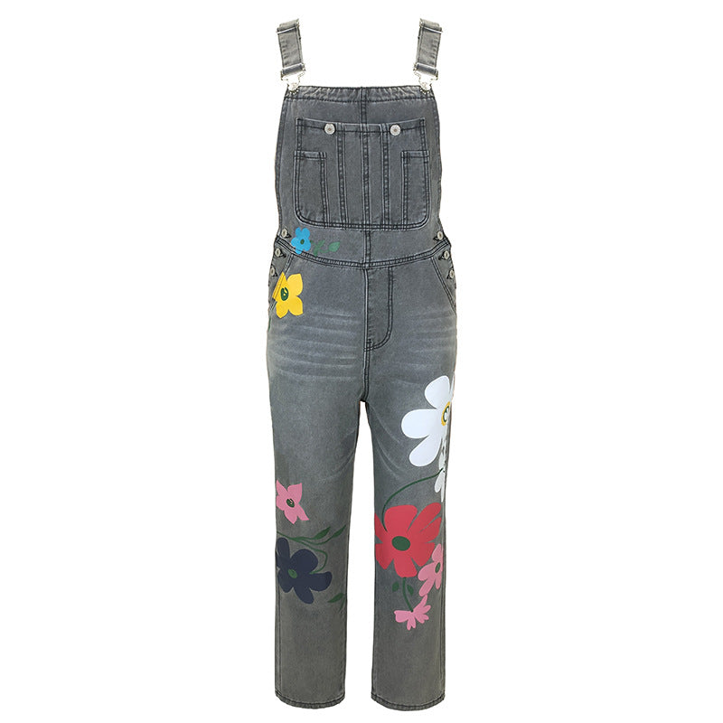 Summer Printed Overalls Denim Pants with Ripped Details, Loose Straight Leg Casual Stylish Versatile Long Pants for Women 