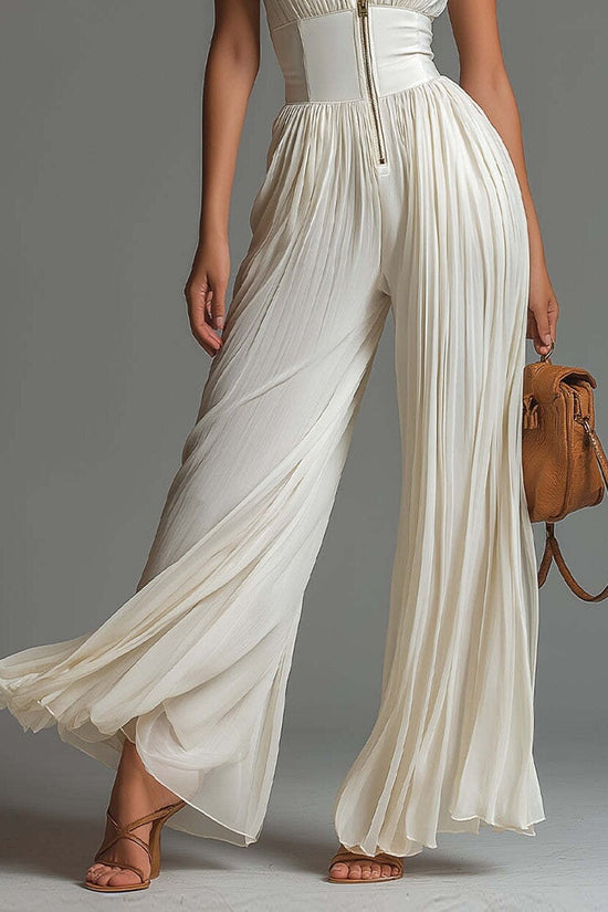 White Pleated Strap Neck Jumpsuit for Women, Long Wide Leg Fashion Sexy Folded Design 