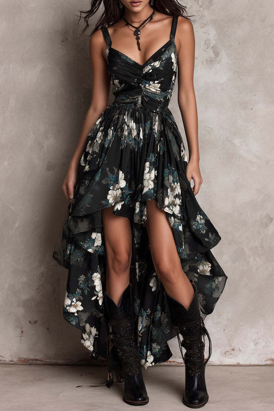 New style printed camisole dress for women, V-neck, waist cinched, high slit long skirt, fashionable vacation dress 