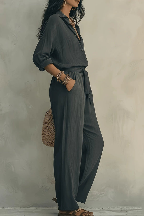 2-piece set fashion casual button-up collar shirt with loose pants and belt 