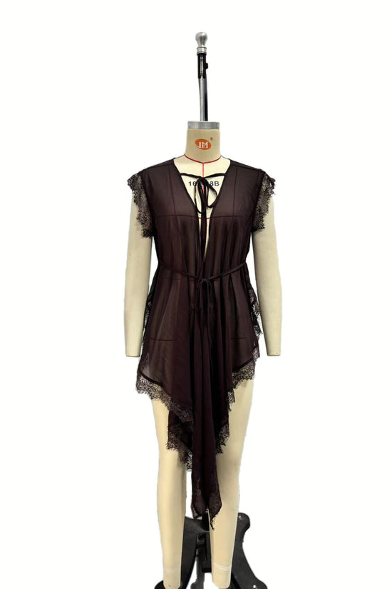 Lace patchwork lace up waist cinching see through top 