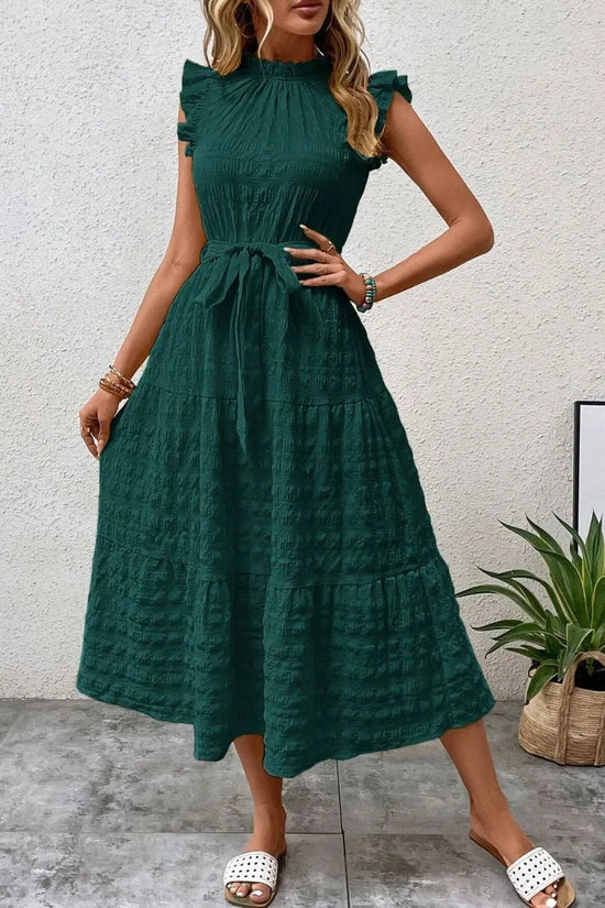 Tied Ruffled Cap Sleeve Midi Dress 