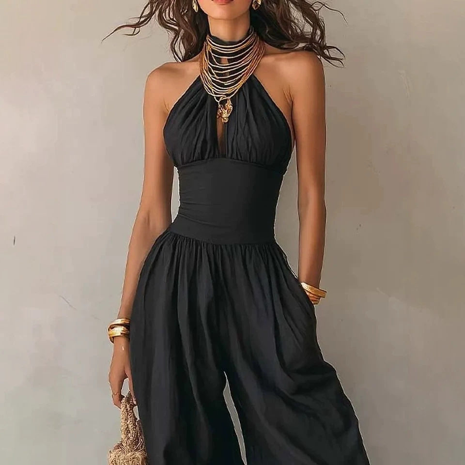 Slim-Fitting Body-Concealing Travel Halter Neck Sexy Casual Comfortable Jumpsuit 