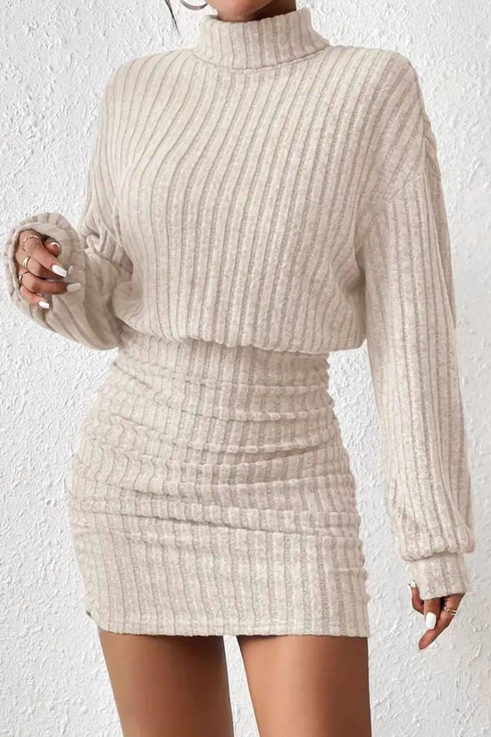 Hip hugging long sleeved high neck striped knitted sexy dress