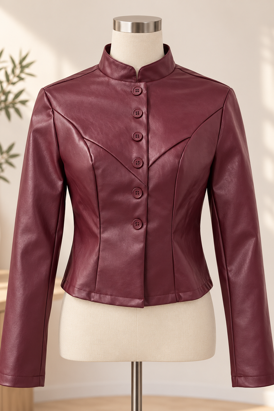 Women's Slim-Fit Stand-Collar Faux-Leather Short Jacket 