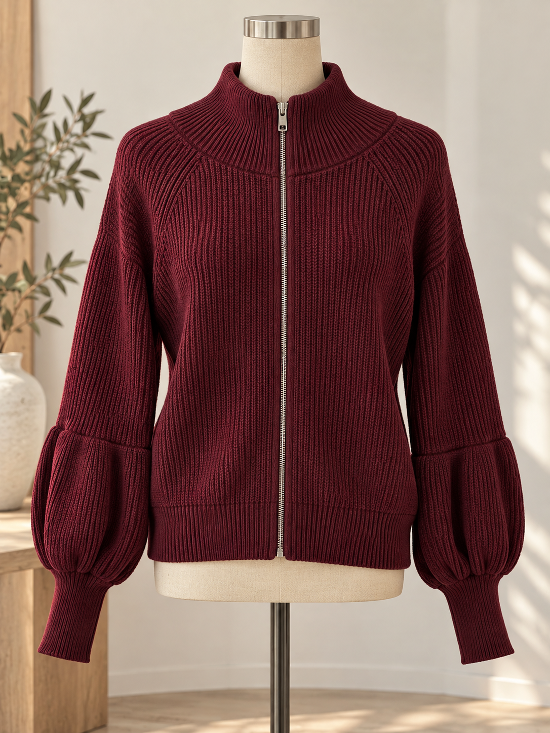 Women's Textured Open-Front Lantern-Sleeve Cardigan 