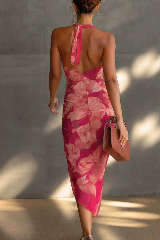 Backless Printed Strap Dress, Fitted Slim Fit High Slit Fashion Long Dress 