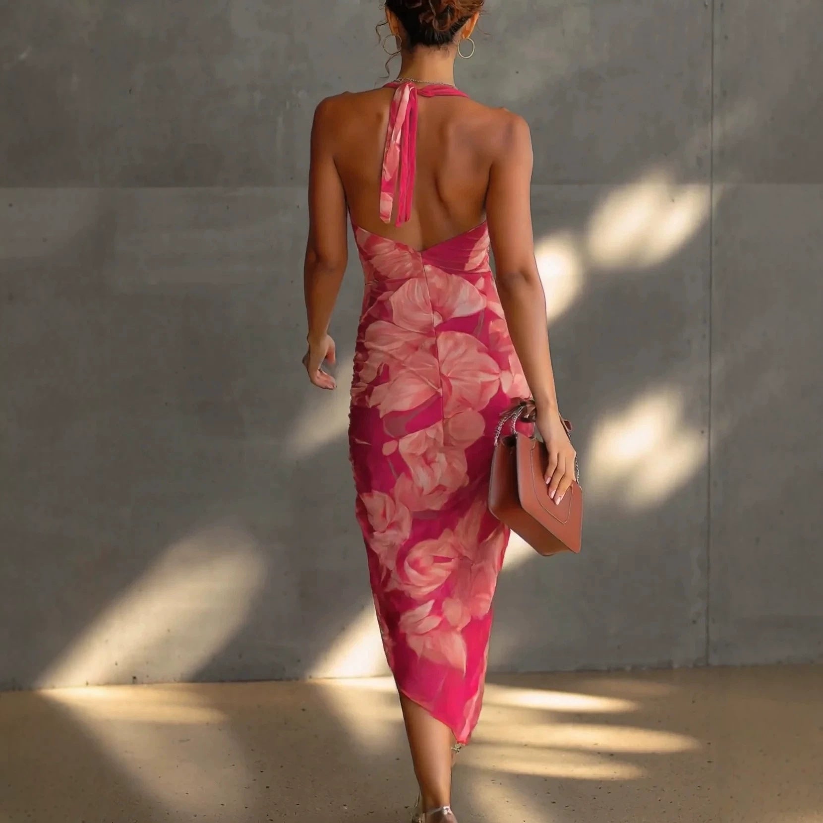 Backless Printed Strap Dress, Fitted Slim Fit High Slit Fashion Long Dress 
