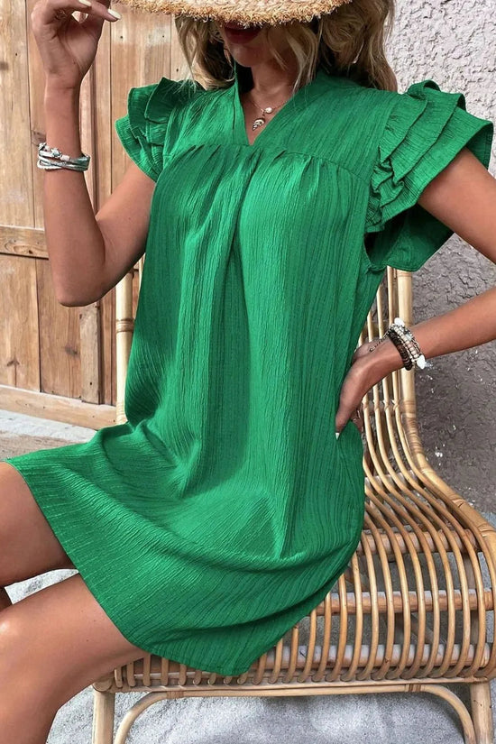 Ruffled Notched Cap Sleeve Mini Dress 