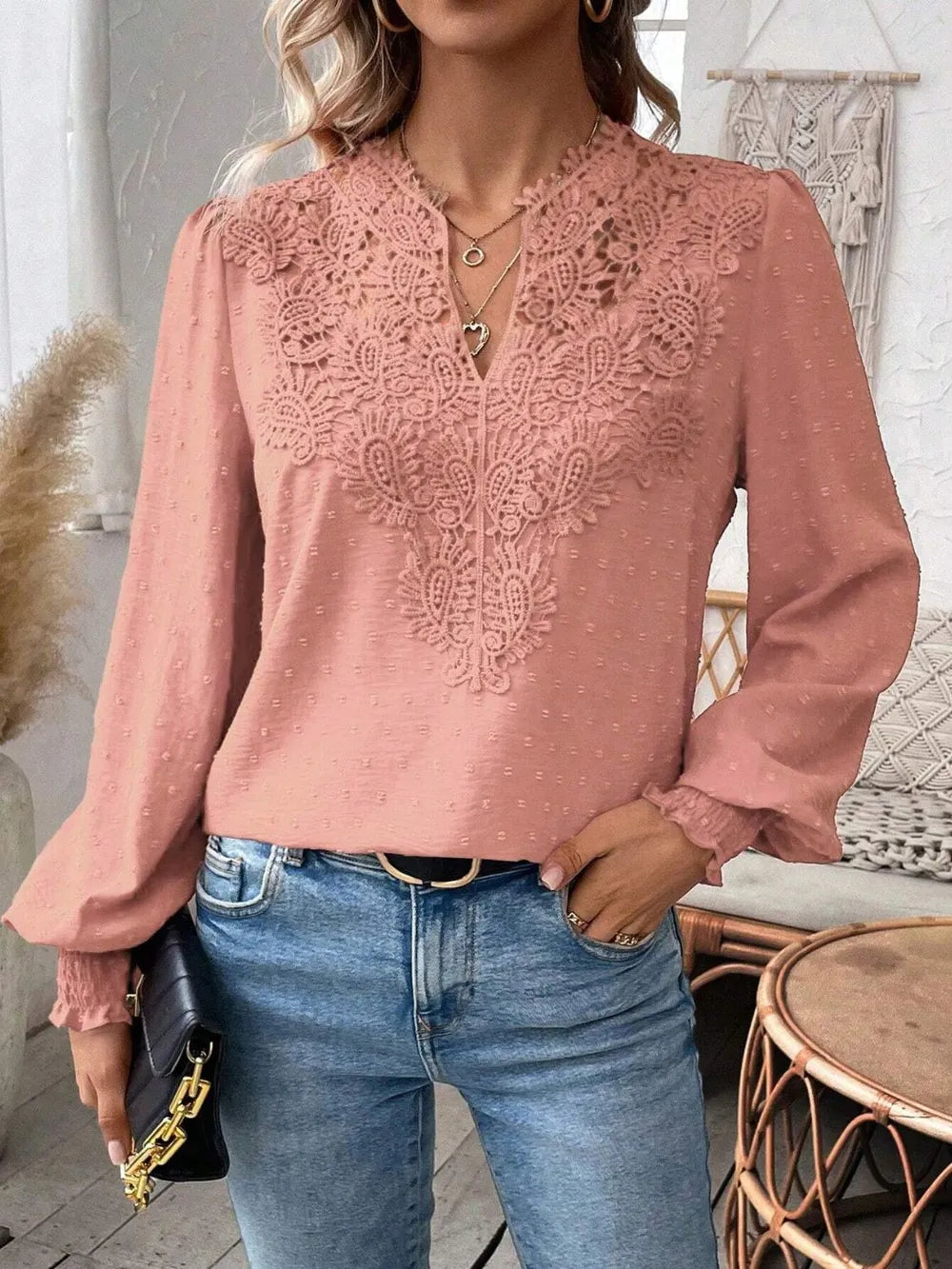Swiss Dot Lace Detail Notched Long Sleeve Blouse 