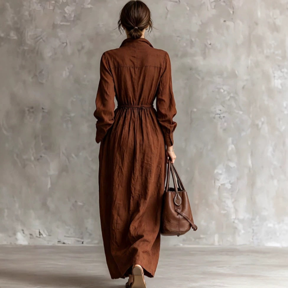 Women's Zipper Collar Elastic Waist Long Dress 