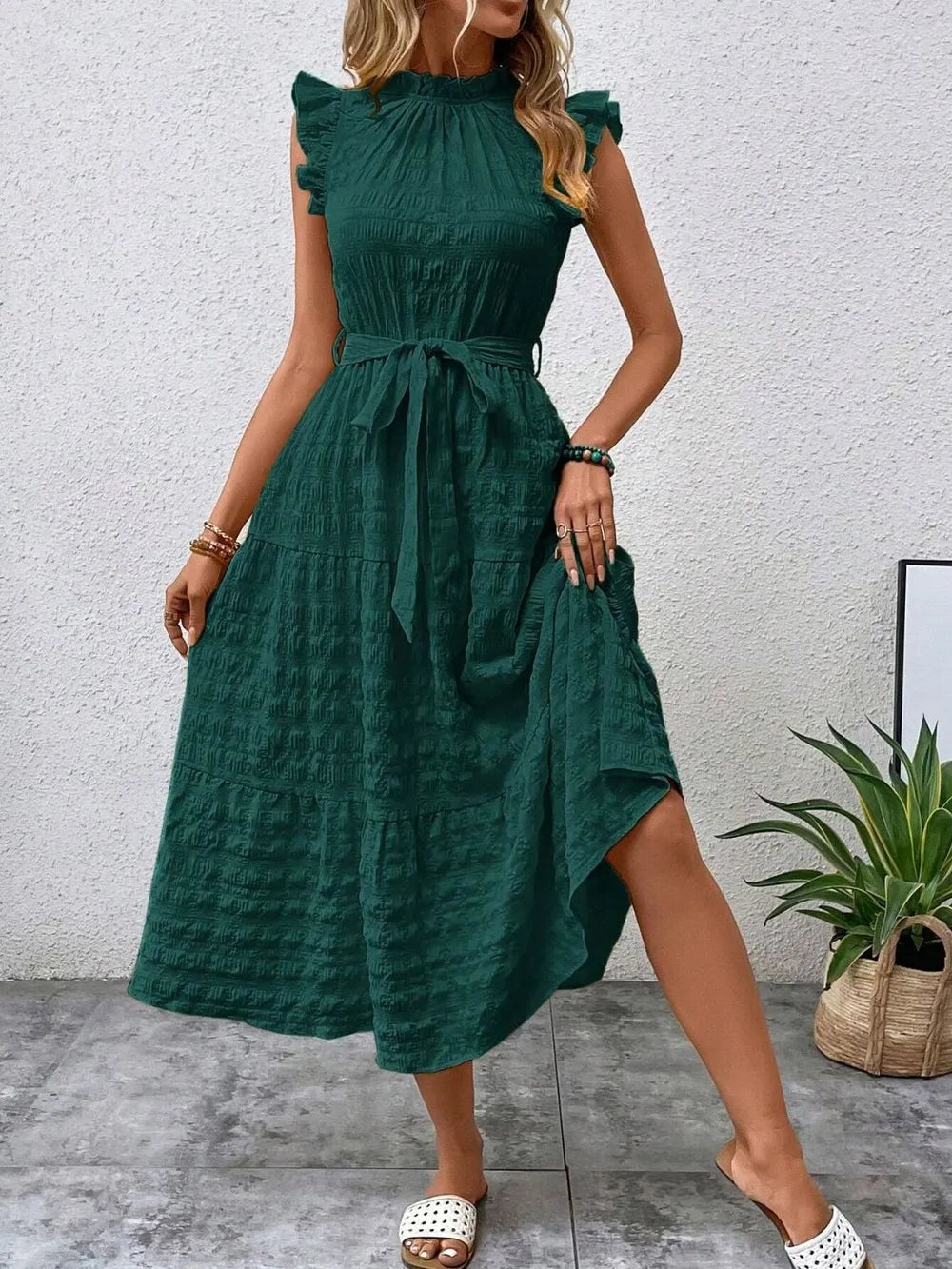 Tied Ruffled Cap Sleeve Midi Dress 
