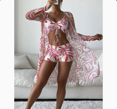 Fashionable Sexy Mesh Cover-Up with Leg-Length Briefs Three-Piece Swimwear Set for Women 