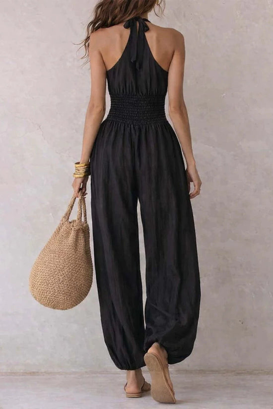 Sleeveless hanging neck backless high waisted jumpsuit 