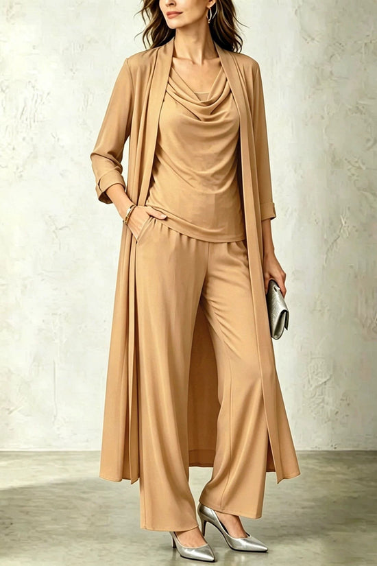 Long sleeved swing collar top long cardigan jacket long pants three piece set 
