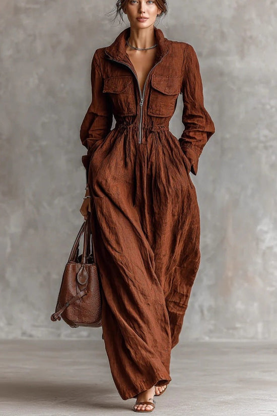 Women's Zipper Collar Elastic Waist Long Dress 