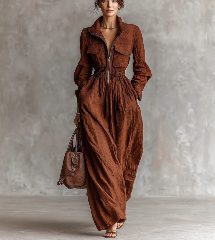 Women's Zipper Collar Elastic Waist Long Dress 
