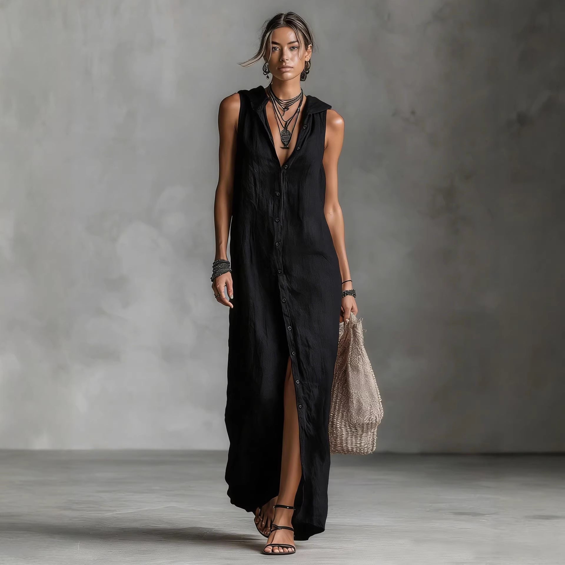Sleeveless hooded breasted dress 