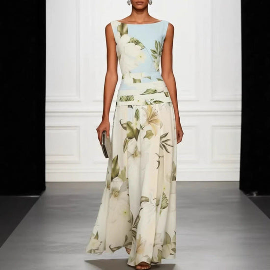 V-neck floral print women's dress sleeveless backless waist cinching long skirt 