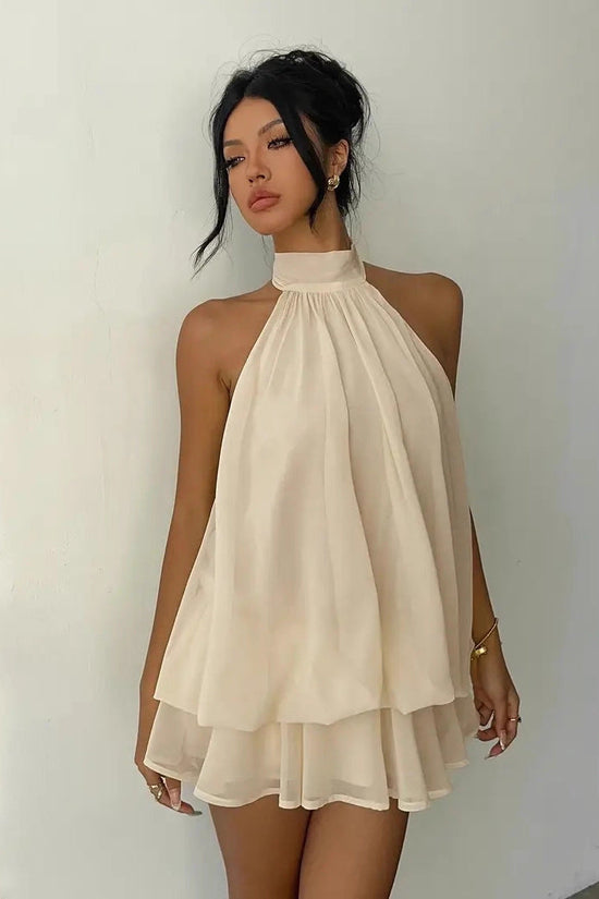 Women's vacation fitted sexy backless halter neck tie-waist dress with puffy short skirt 