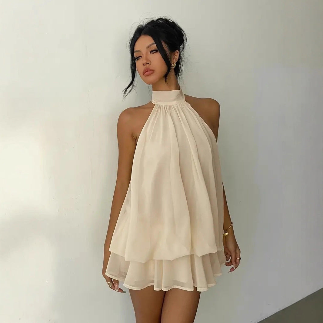 Women's vacation fitted sexy backless halter neck tie-waist dress with puffy short skirt 