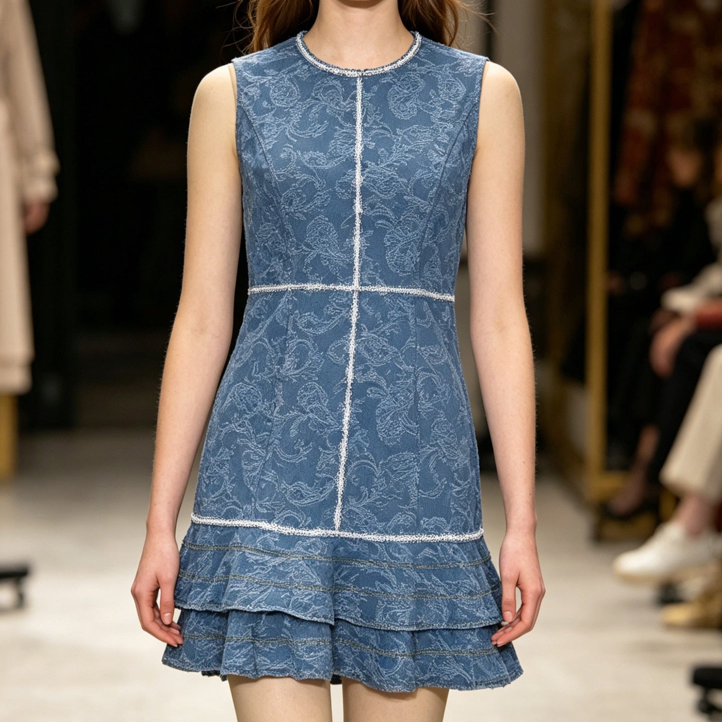 Sleeveless blue and white print element denim blue dress 