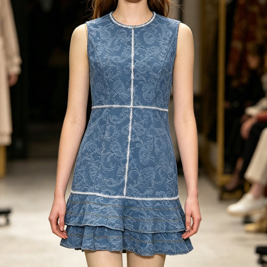 Sleeveless blue and white print element denim blue dress 