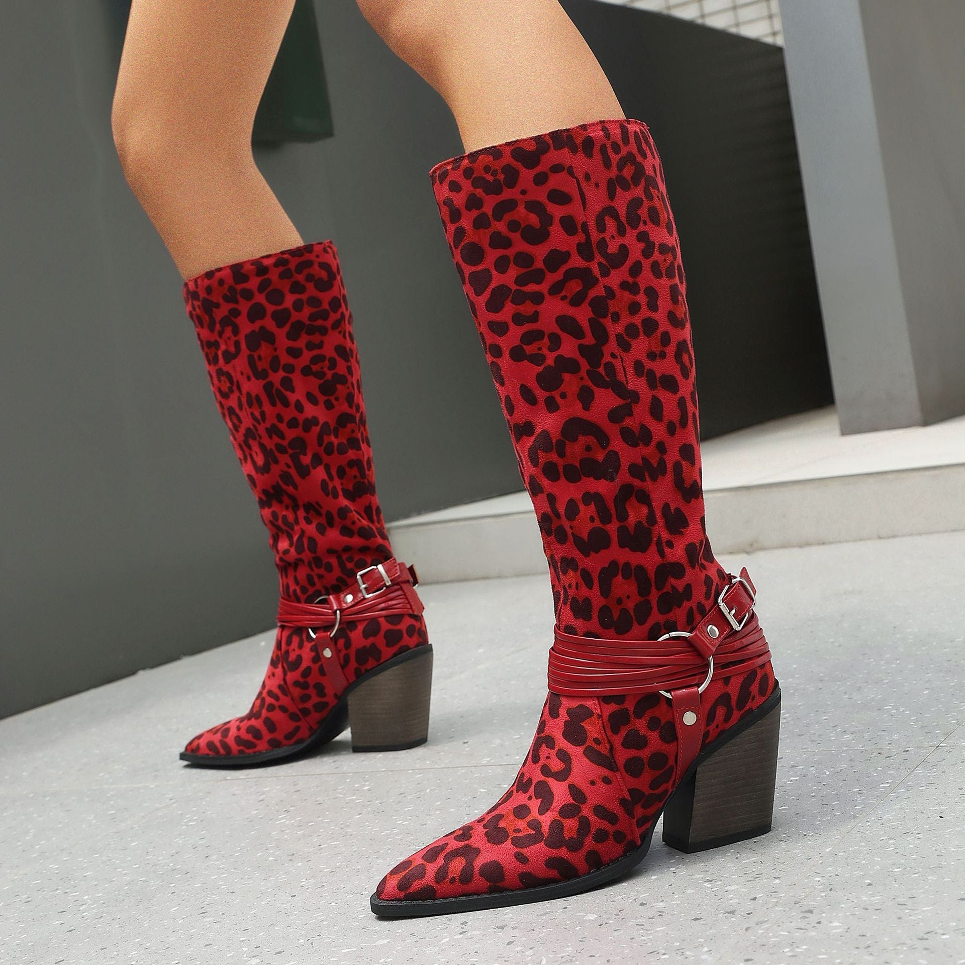 Western Style High Heel Boots for Women, Chunky Heeled, Pointed Toe, Over-the-Knee, Belt Buckle Detail Made to order, ships in 7 days 